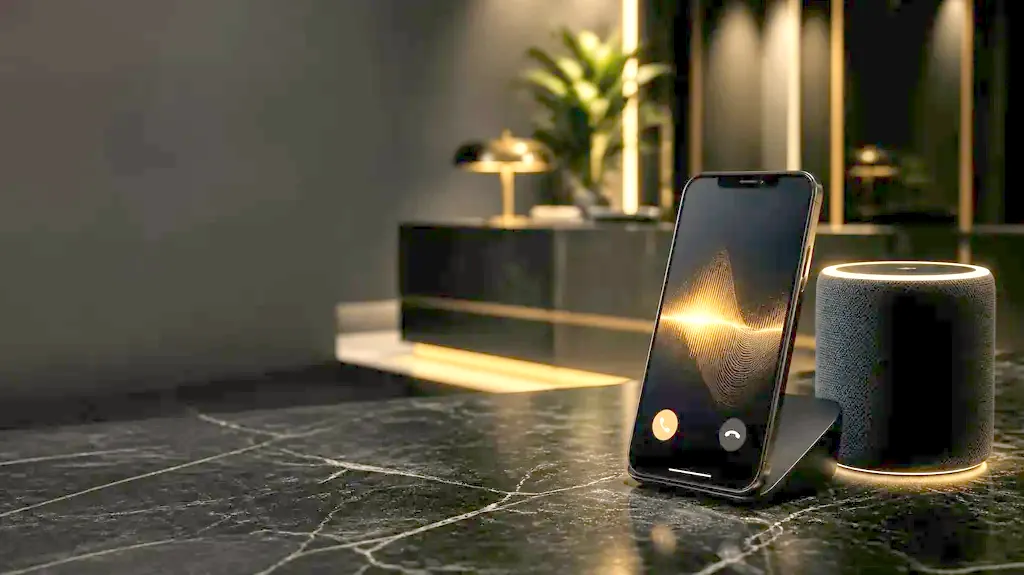 An ARQS AI receptionist on a phone at a front desk